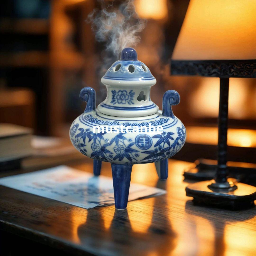 青花陶磁香炉 三脚透かし彫り香炉 青花磁器香薫炉 香道具 装飾品 工芸品 置物